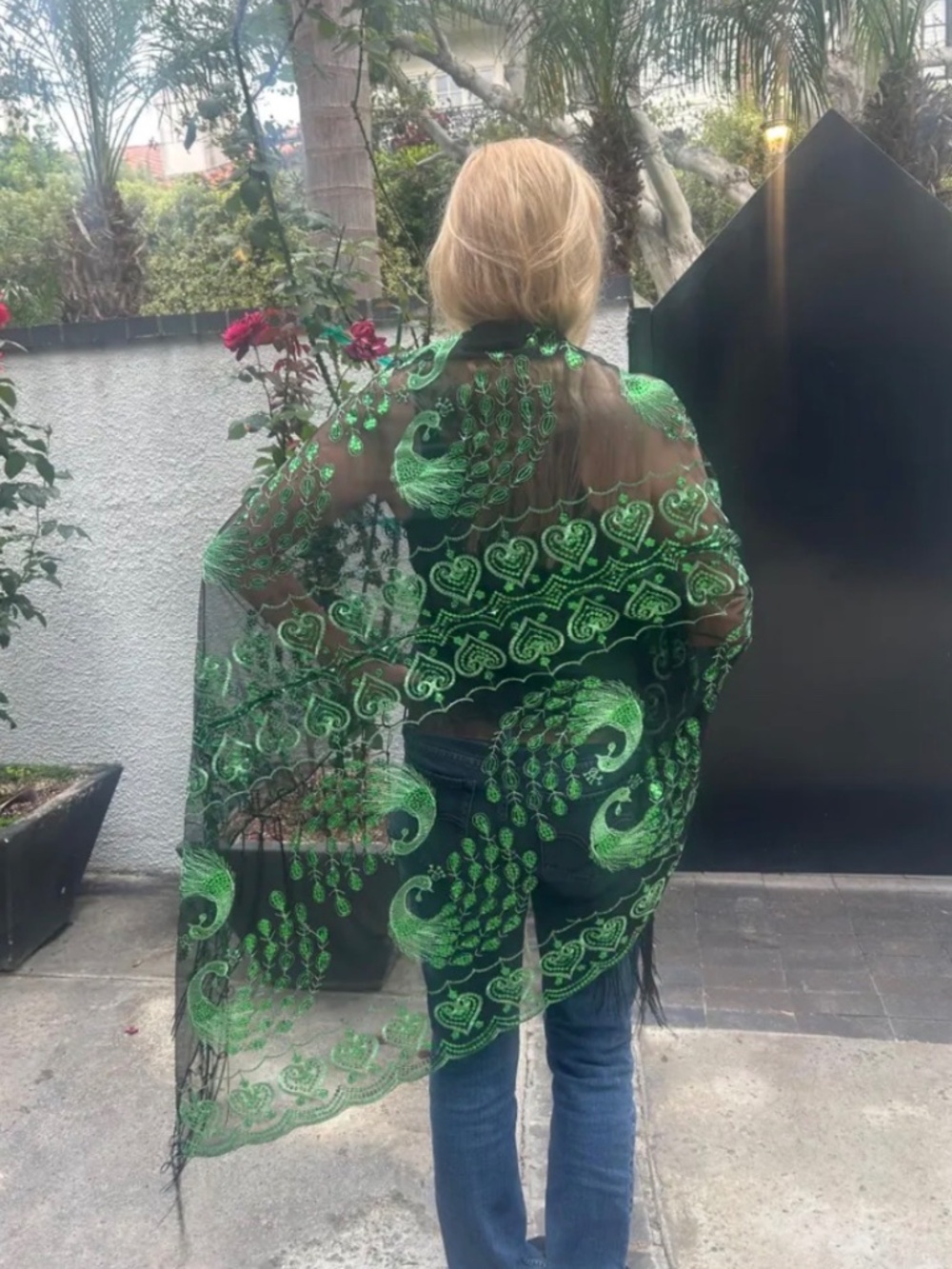 Sequin peacock kimono, Burnout, black, green sequin, Semi Sheer, fringed